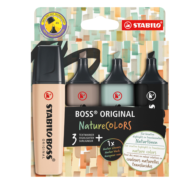  Evidenziatore Boss Original NatureColors - punta a scalpello - tratto 2 - 5 mm - colori assortiti - Stabilo - astuccio 4 pezzi 