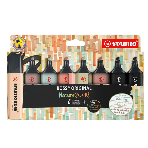  Evidenziatore Boss Original NatureColors - punta a scalpello - tratto 2 - 5 mm - colori assortiti - Stabilo - astuccio 8 pezzi 
