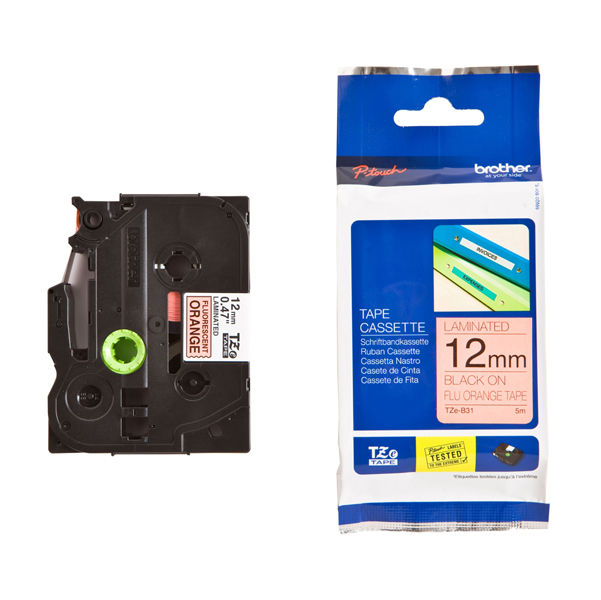  Brother - Nastro laminato fluorescente - Nero/Arancio fluo - TZEB31 - 12mm x 5mt 