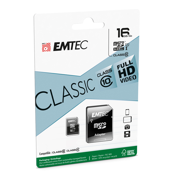 Emtec - Micro SDHC Class 10 Classic - ECMSDM16GHC10CG - 16GB 
