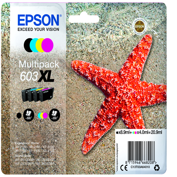  Epson - Multipack Cartucce Ink - 603XL - C/M/Y/K - C13T03A64010 - C/M/Y 4ml cad / K 8,9ml 