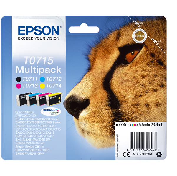  Epson - Multipack Cartuccia ink - C/M/Y/K - T0715 - C13T07154012 - C/M/Y 5,5ml - K 7,4ml 