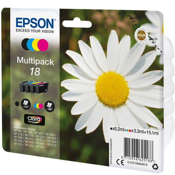  Epson - Multipack Cartuccia ink - 18 - C/M/Y/K - C13T18064012 - C/M/Y 3,3ml cad - K 5,2ml 
