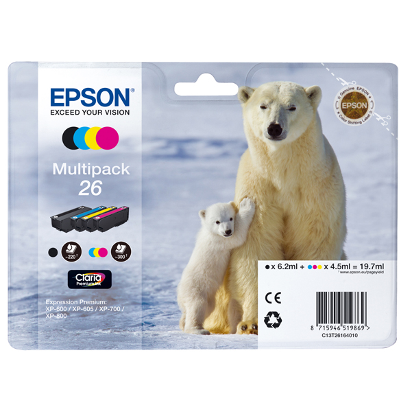  Epson - Multipack Cartuccia ink - 26 - C/M/Y/K - C13T26164010 - C/M/Y 4,5ml cad - K 6,2ml 