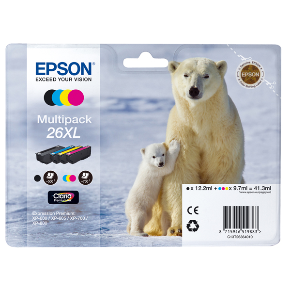  Epson - Multipack Cartuccia ink - 26Xl - C/M/Y/K - C13T26364010 - C/M/Y 9,7ml cad - K 12,2ml 