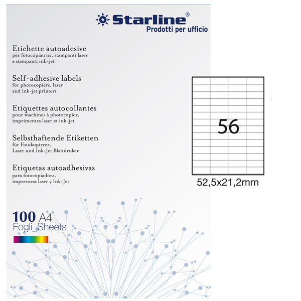  Etichette adesive - in carta - permanenti - 52,5 x 21,2 mm - 56 et/fg - 100 fogli - bianco - Starline 