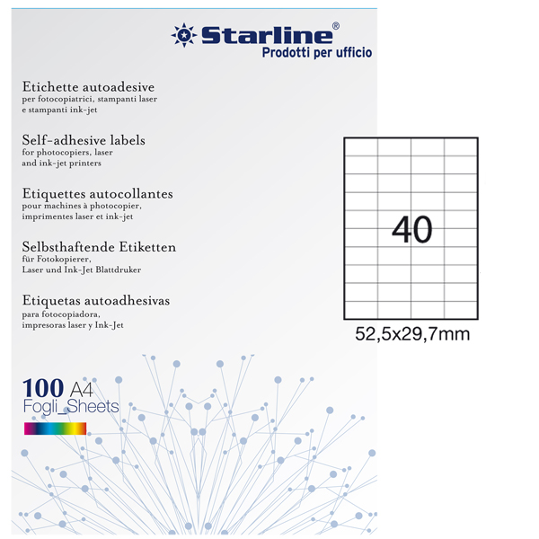  Etichette adesive - in carta - permanenti - 52,5 x 29,7 mm - 40 et/fg - 100 fogli - bianco - Starline 