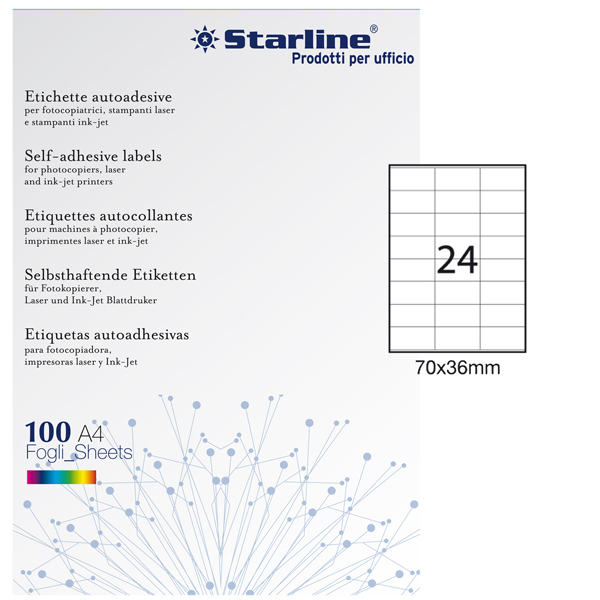  Etichette adesive - in carta - permanenti - 70 x 36 mm - 24 et/fg - 100 fogli - bianco - Starline 