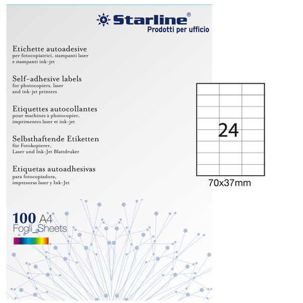  Etichette adesive - in carta - permanenti - 70 x 37 mm - 24 et/fg - 100 fogli - bianco - Starline 