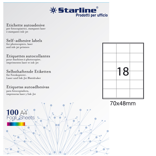  Etichette adesive - in carta - permanenti - 70 x 48 mm - 18 et/fg - 100 fogli - bianco - Starline 