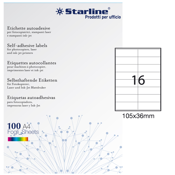  Etichette adesive - in carta - permanenti - 105 x 36 mm - 16 et/fg - 100 fogli - bianco - Starline 