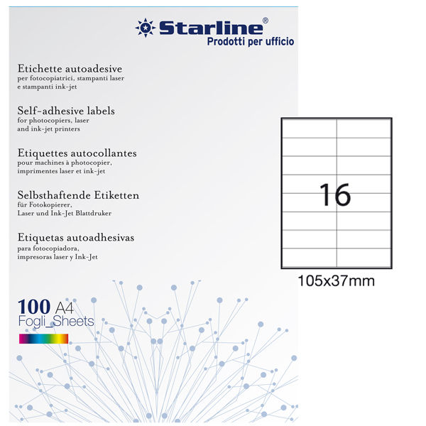  Etichette adesive - in carta - permanenti - 105 x 37 mm - 16 et/fg - 100 fogli - bianco - Starline 