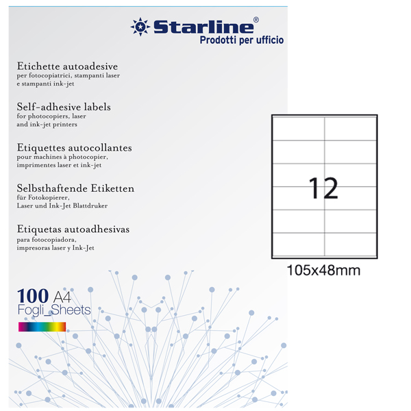  Etichette adesive - in carta - permanenti - 105 x 48 mm - 12 et/fg - 100 fogli - bianco - Starline 