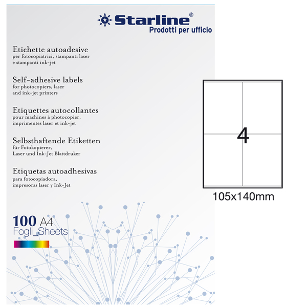  Etichette adesive - in carta - permanenti - 105 x 140 mm - 4 et/fg - 100 fogli - bianco - Starline 