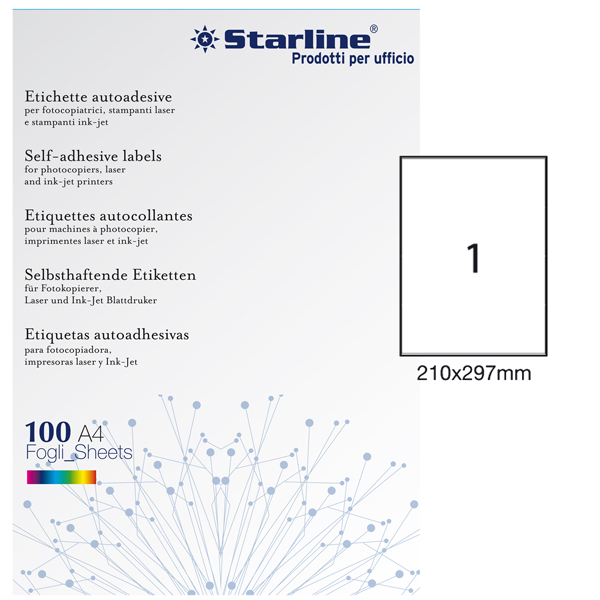  Etichette adesive - in carta - permanenti - 210 x 297 mm - 1 et/fg - 100 fogli - bianco - Starline 