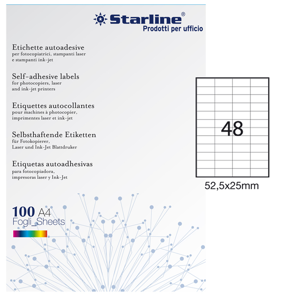  Etichette adesive - in carta - permanenti - 52,5 x 25 mm - 48 et/fg - 100 fogli - bianco - Starline 