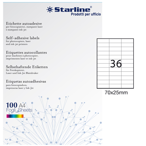  Etichette adesive - in carta - permanenti - 70 x 25 mm - 36 et/fg - 100 fogli - bianco - Starline 