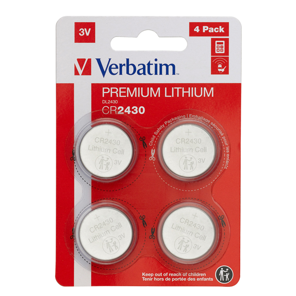  Micropile CR2430 - 3V - a pastiglia - litio - Verbatim - blister 4 pezzi 